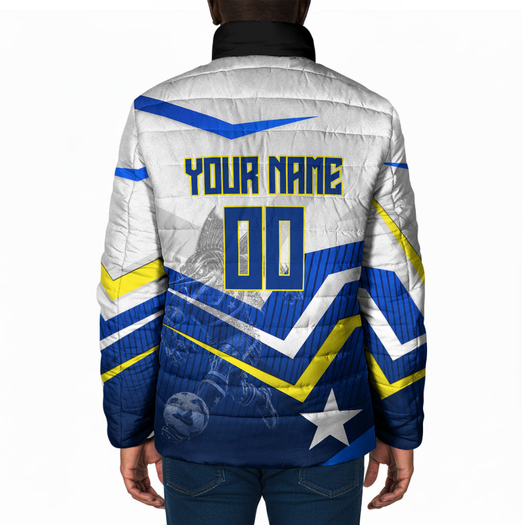 Personalized Curacao Football Marlin Mascot Padded Jacket Caribbean Flag Colors Geometric Blue