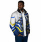 Personalized Curacao Football Marlin Mascot Padded Jacket Caribbean Flag Colors Geometric Blue