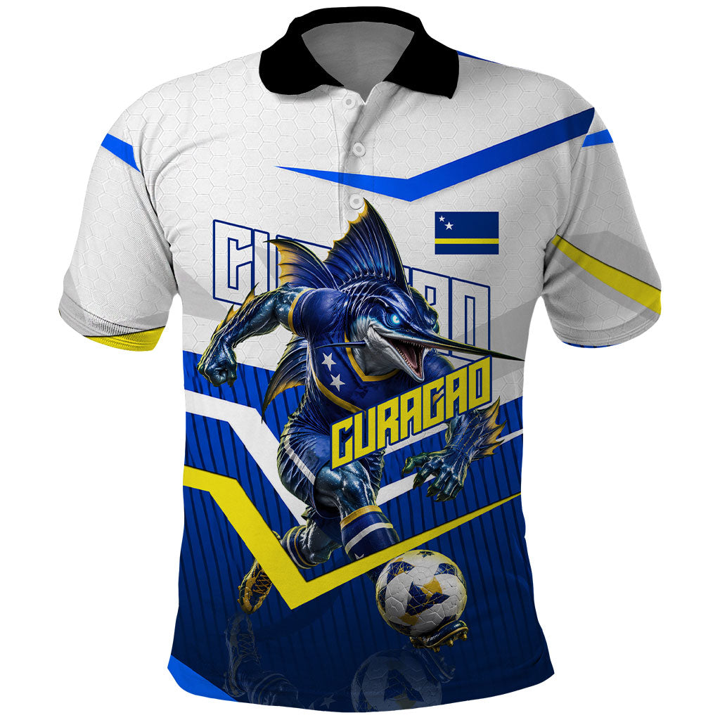 Personalized Curacao Football Marlin Mascot Polo Shirt Caribbean Flag Colors Geometric Blue