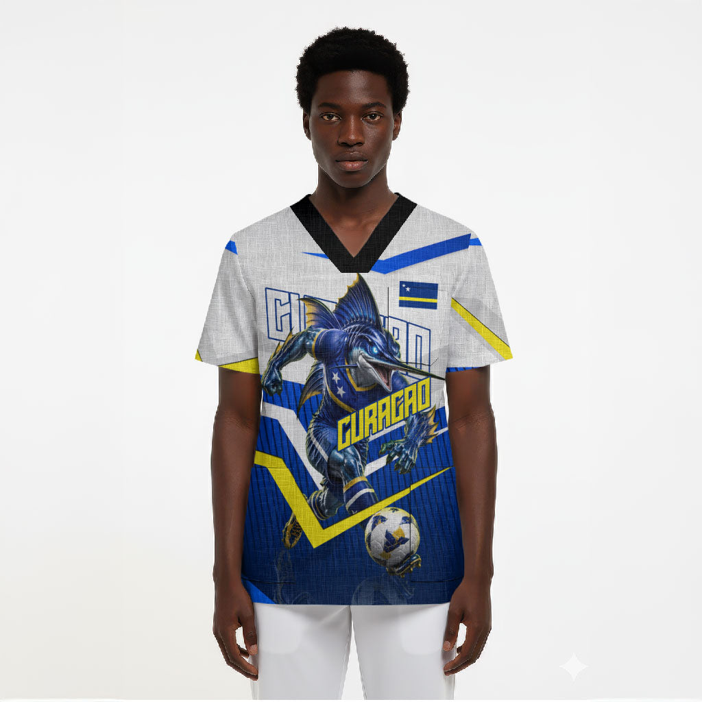 Personalized Curacao Football Marlin Mascot Scrub Top Caribbean Flag Colors Geometric Blue