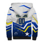 Personalized Curacao Football Marlin Mascot Sherpa Hoodie Caribbean Flag Colors Geometric Blue