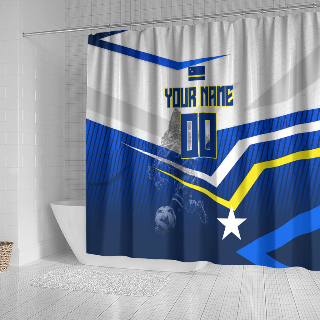 Personalized Curacao Football Marlin Mascot Shower Curtain Caribbean Flag Colors Geometric Blue