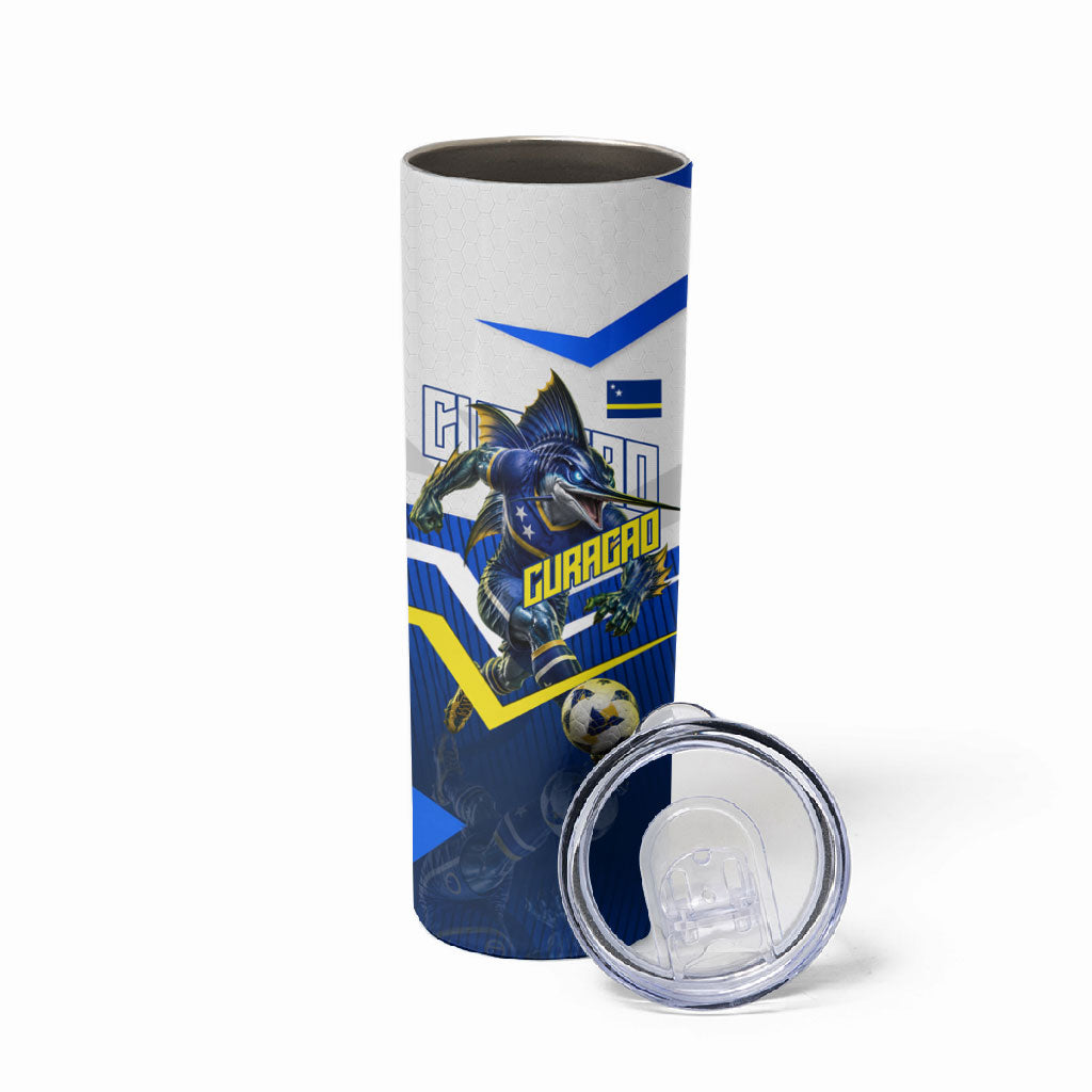 Personalized Curacao Football Marlin Mascot Skinny Tumbler Caribbean Flag Colors Geometric Blue
