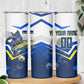 Personalized Curacao Football Marlin Mascot Skinny Tumbler Caribbean Flag Colors Geometric Blue