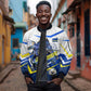 Personalized Curacao Football Marlin Mascot Sleeve Zip Bomber Jacket Caribbean Flag Colors Geometric Blue