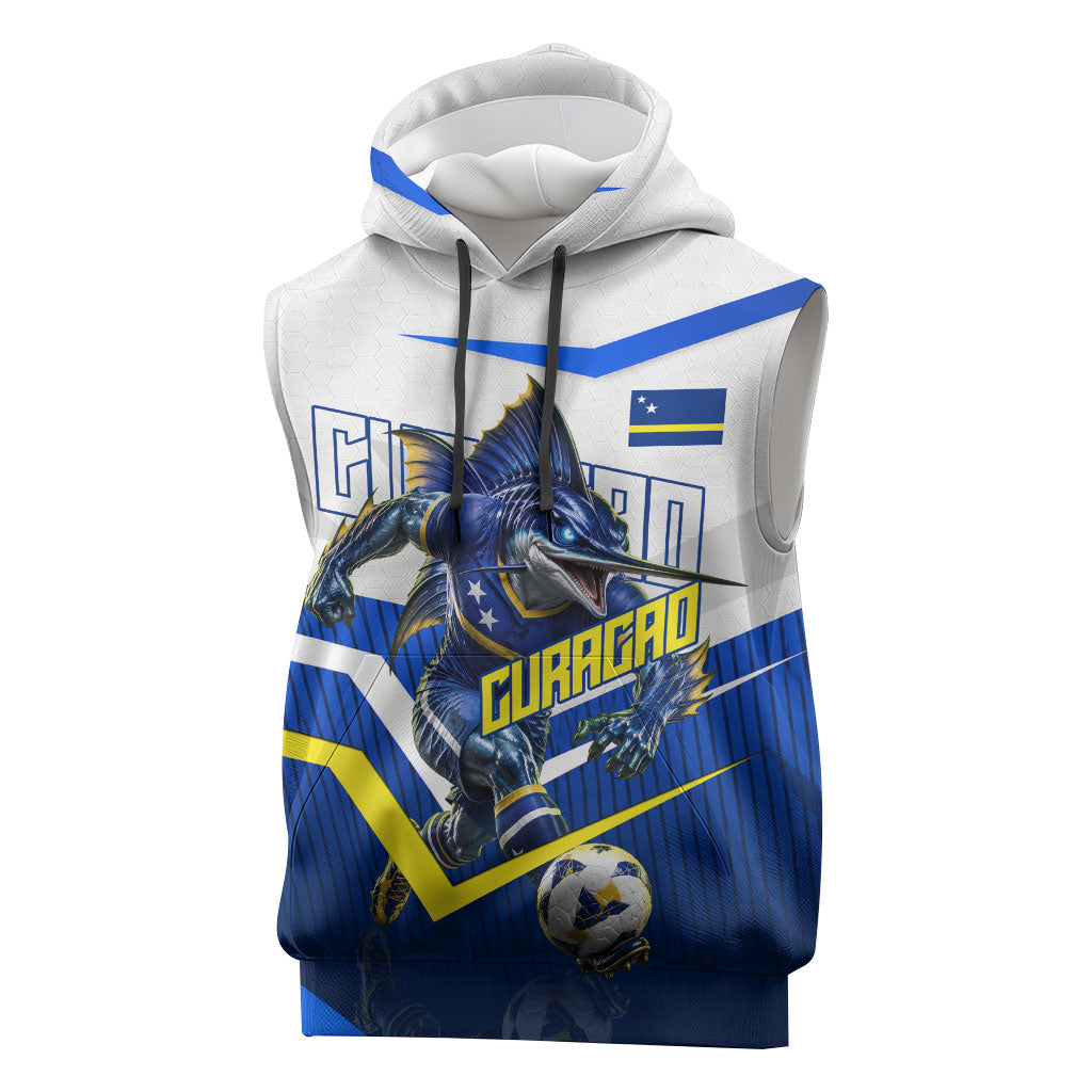 Personalized Curacao Football Marlin Mascot Sleeveless Hoodie Caribbean Flag Colors Geometric Blue