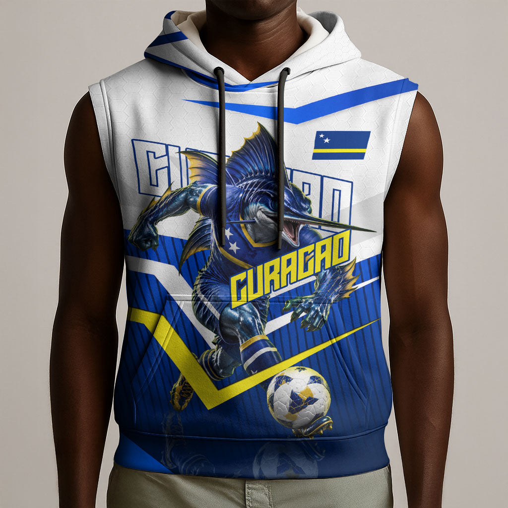 Personalized Curacao Football Marlin Mascot Sleeveless Hoodie Caribbean Flag Colors Geometric Blue