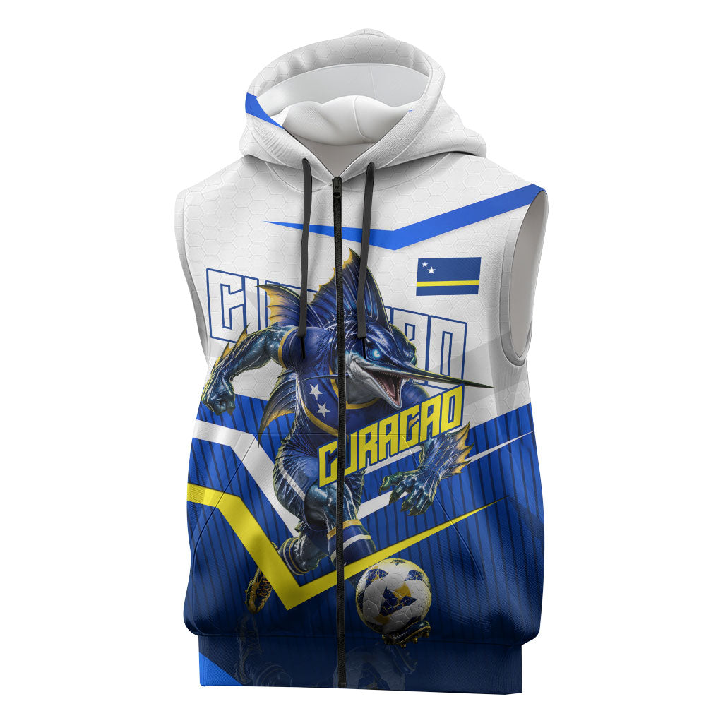 Personalized Curacao Football Marlin Mascot Sleeveless Zip Hoodie Caribbean Flag Colors Geometric Blue
