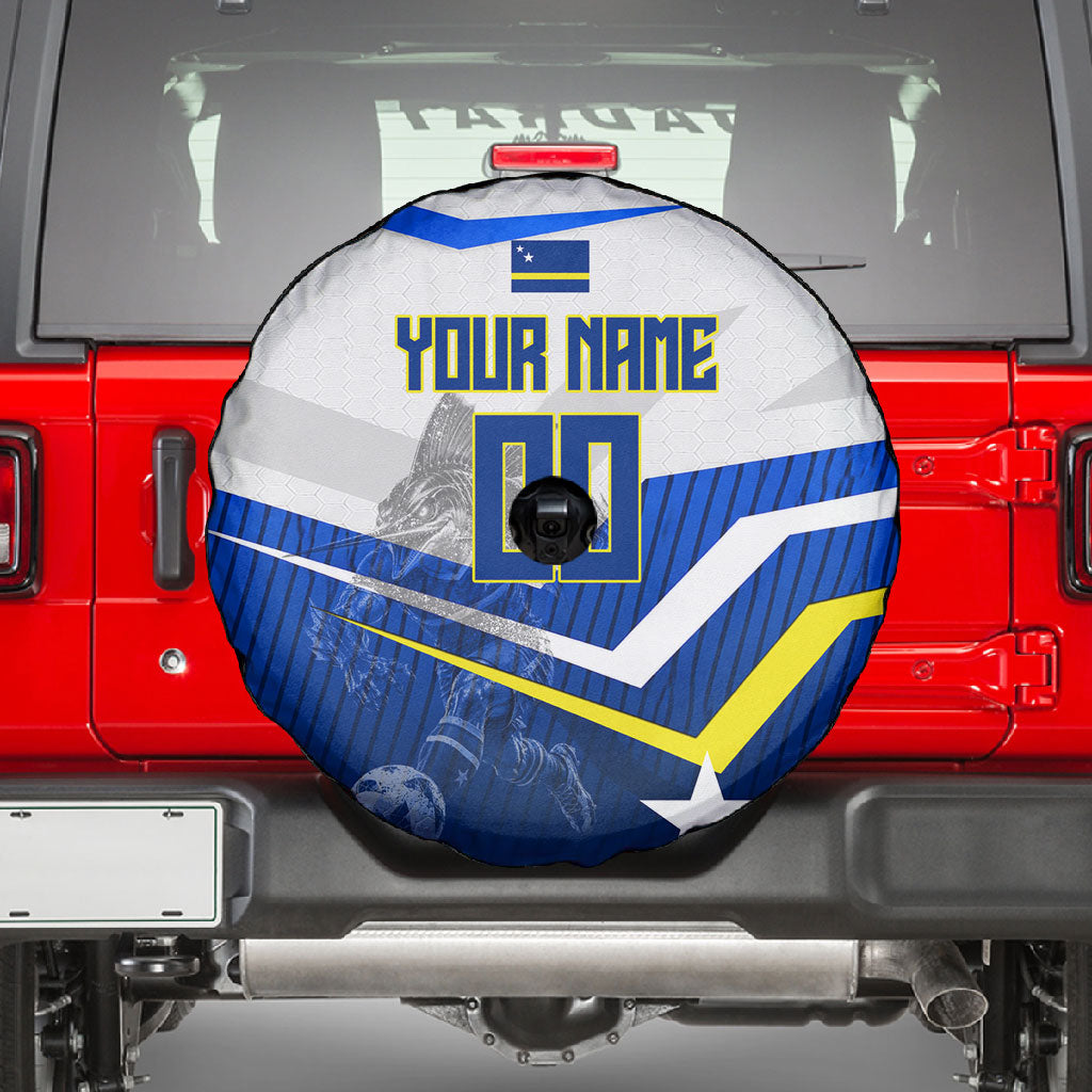 Personalized Curacao Football Marlin Mascot Spare Tire Cover Caribbean Flag Colors Geometric Blue