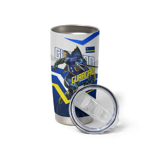 Personalized Curacao Football Marlin Mascot Tumbler Cup Caribbean Flag Colors Geometric Blue