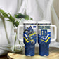 Personalized Curacao Football Marlin Mascot Tumbler With Handle Caribbean Flag Colors Geometric Blue