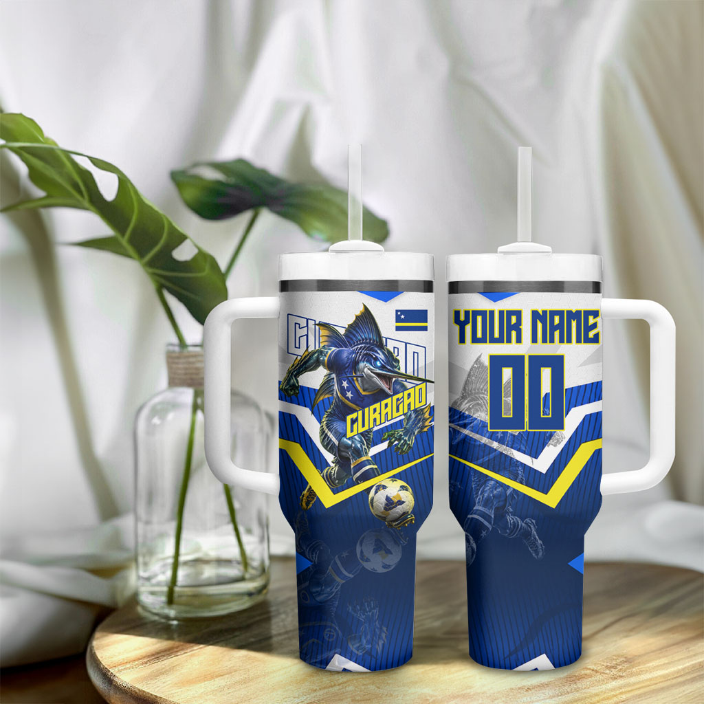 Personalized Curacao Football Marlin Mascot Tumbler With Handle Caribbean Flag Colors Geometric Blue