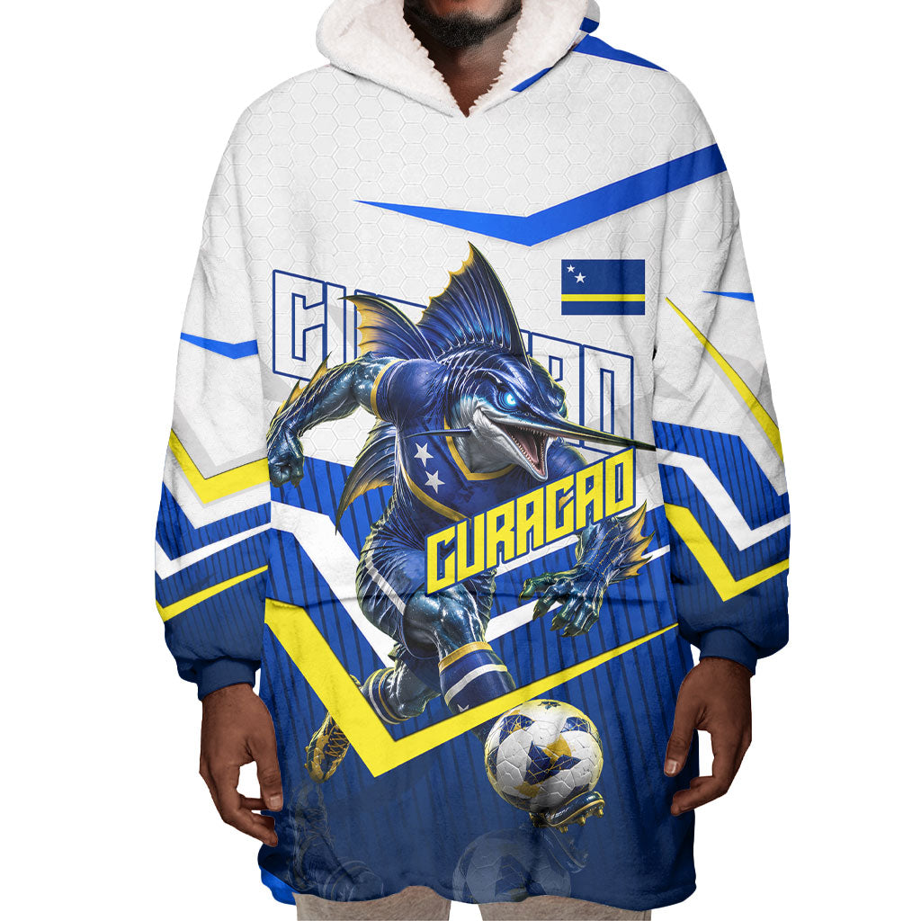 Personalized Curacao Football Marlin Mascot Wearable Blanket Hoodie Caribbean Flag Colors Geometric Blue