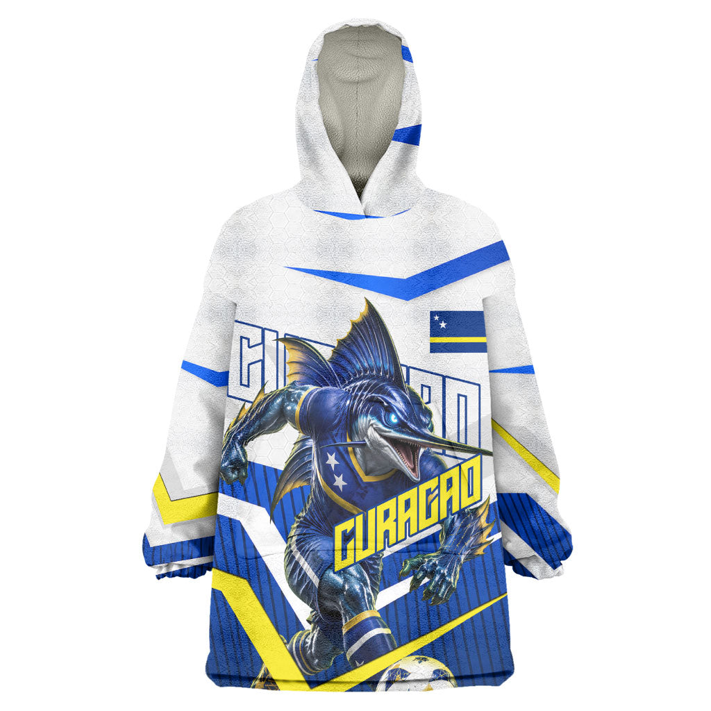 Personalized Curacao Football Marlin Mascot Wearable Blanket Hoodie Caribbean Flag Colors Geometric Blue