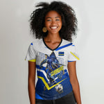 Personalized Curacao Football Marlin Mascot Women V-Neck T-Shirt Caribbean Flag Colors Geometric Blue