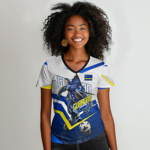 Personalized Curacao Football Marlin Mascot Women V-Neck T-Shirt Caribbean Flag Colors Geometric Blue