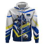 Personalized Curacao Football Marlin Mascot Zip Hoodie Caribbean Flag Colors Geometric Blue