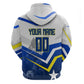 Personalized Curacao Football Marlin Mascot Zip Hoodie Caribbean Flag Colors Geometric Blue