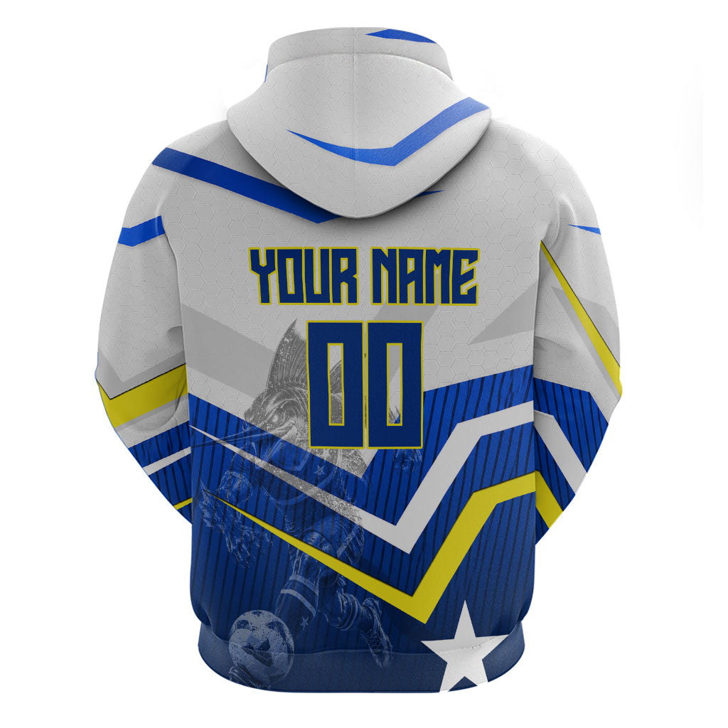 Personalized Curacao Football Marlin Mascot Zip Hoodie Caribbean Flag Colors Geometric Blue