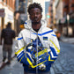 Personalized Curacao Football Marlin Mascot Zip Hoodie Caribbean Flag Colors Geometric Blue