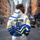 Personalized Curacao Football Marlin Mascot Zip Hoodie Caribbean Flag Colors Geometric Blue