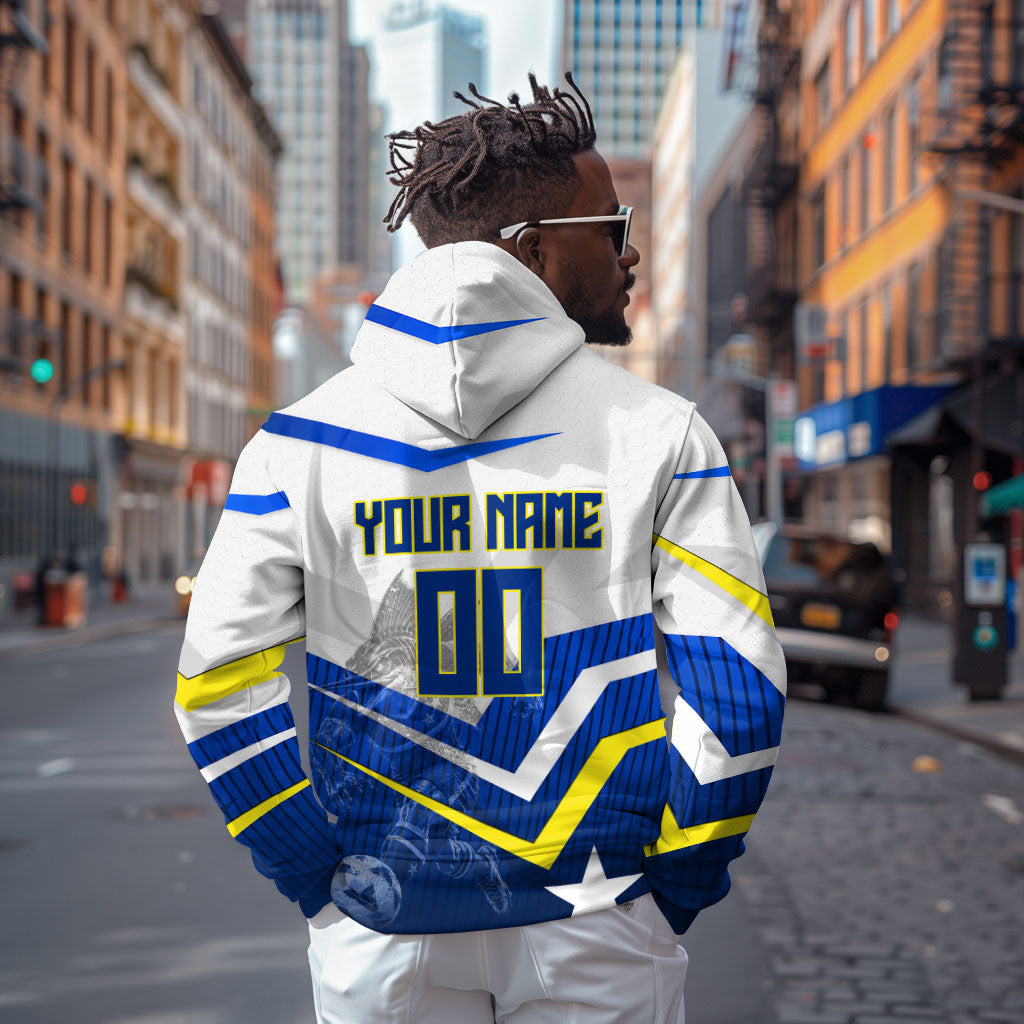 Personalized Curacao Football Marlin Mascot Zip Hoodie Caribbean Flag Colors Geometric Blue