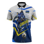 Personalized Curacao Football Marlin Mascot Zipper Polo Shirt Caribbean Flag Colors Geometric Blue
