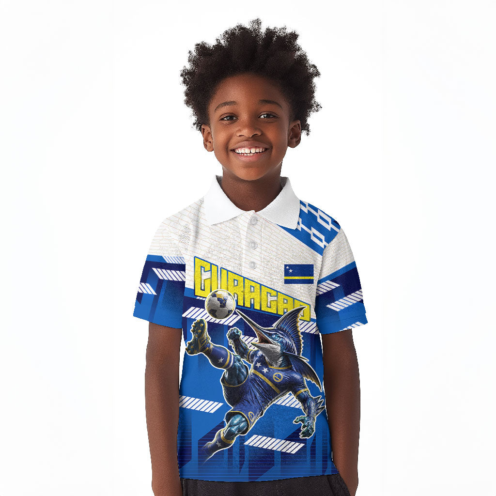Personalized Curacao Football Kid Polo Shirt Marlin Mascot Blue National Flag Accents