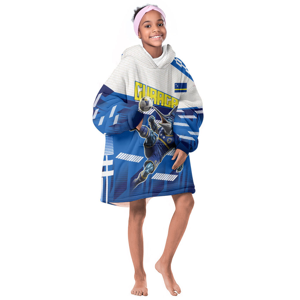 Personalized Curacao Football Kid Wearable Blanket Hoodie Marlin Mascot Blue National Flag Accents