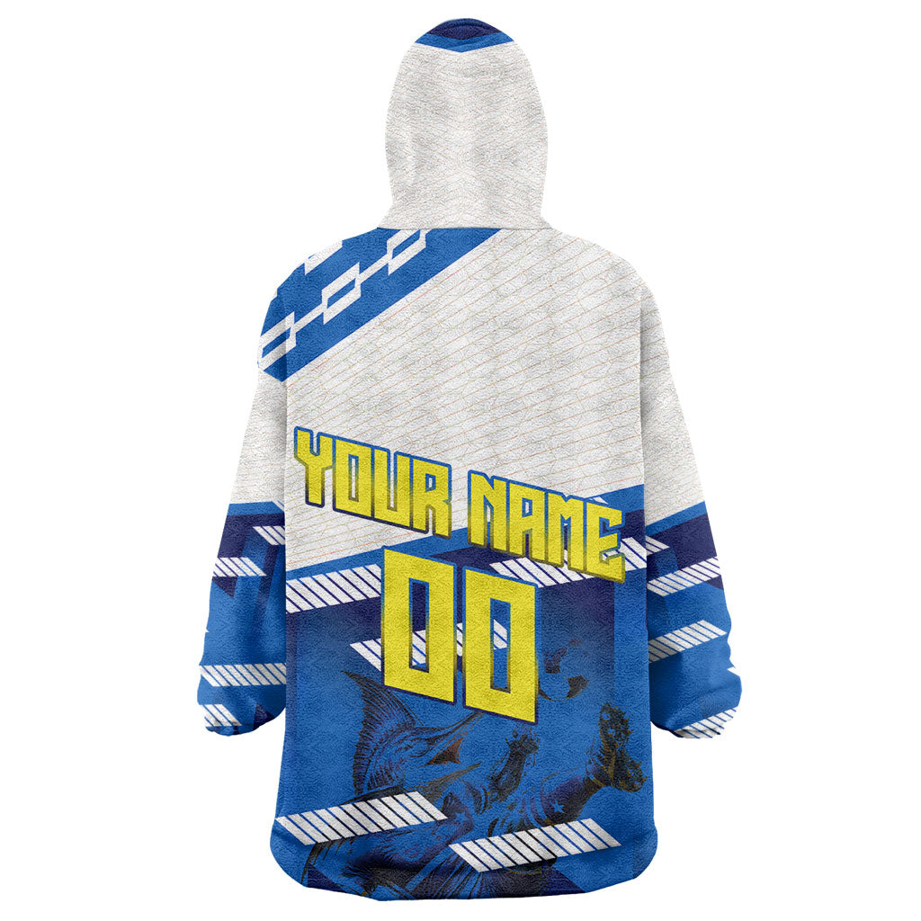Personalized Curacao Football Kid Wearable Blanket Hoodie Marlin Mascot Blue National Flag Accents