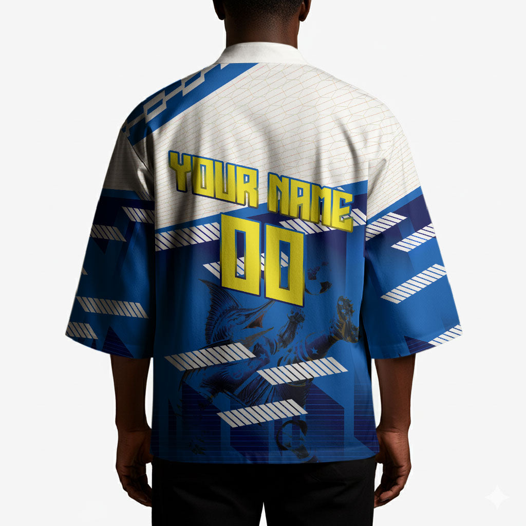 Personalized Curacao Football Kimono Marlin Mascot Blue National Flag Accents
