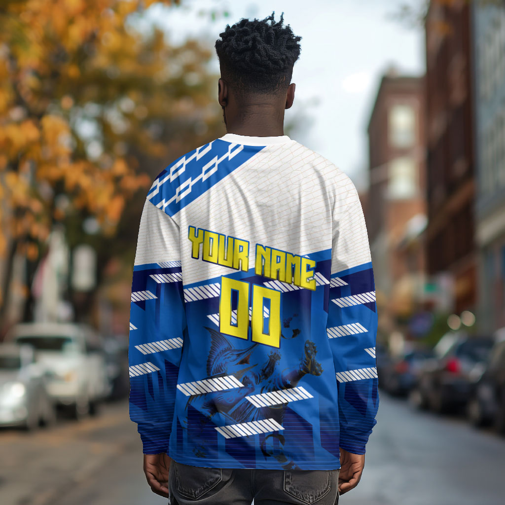Personalized Curacao Football Long Sleeve Shirt Marlin Mascot Blue National Flag Accents