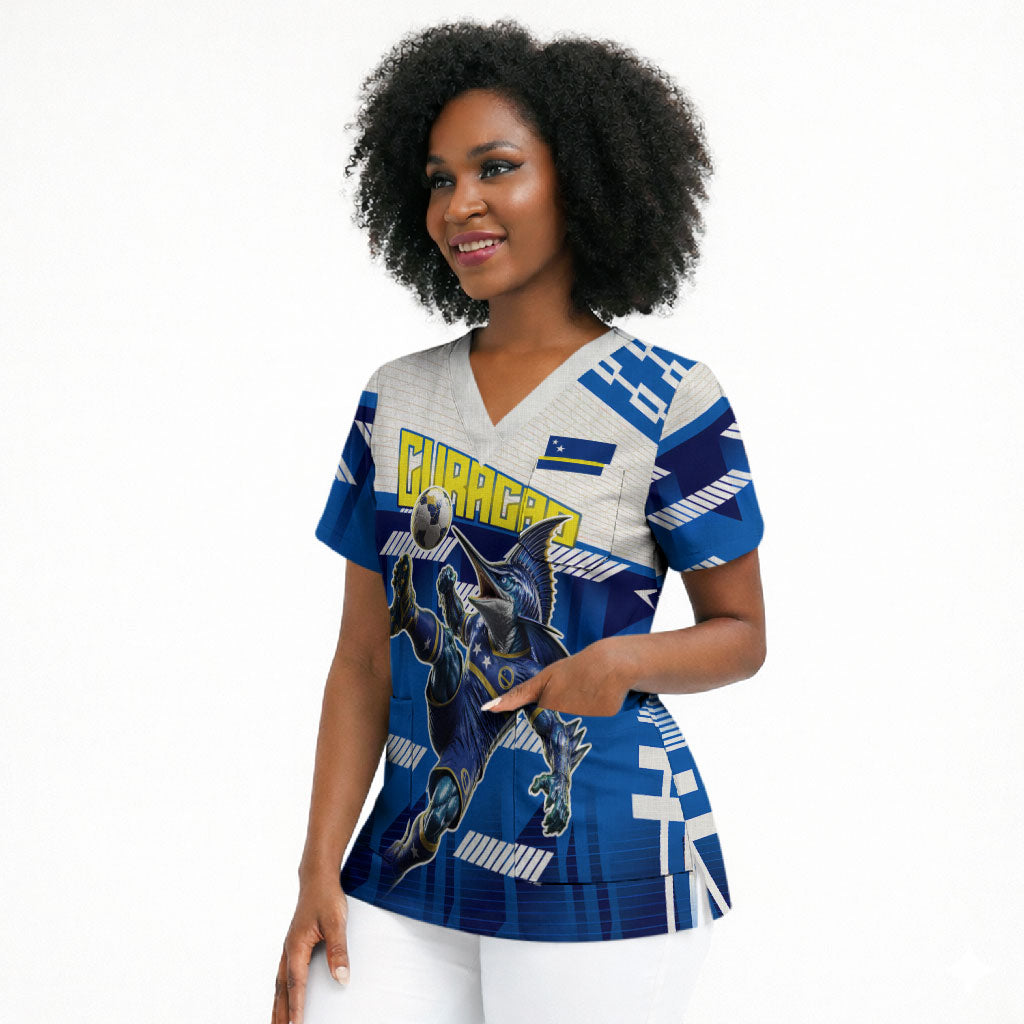 Personalized Curacao Football Scrub Top Marlin Mascot Blue National Flag Accents