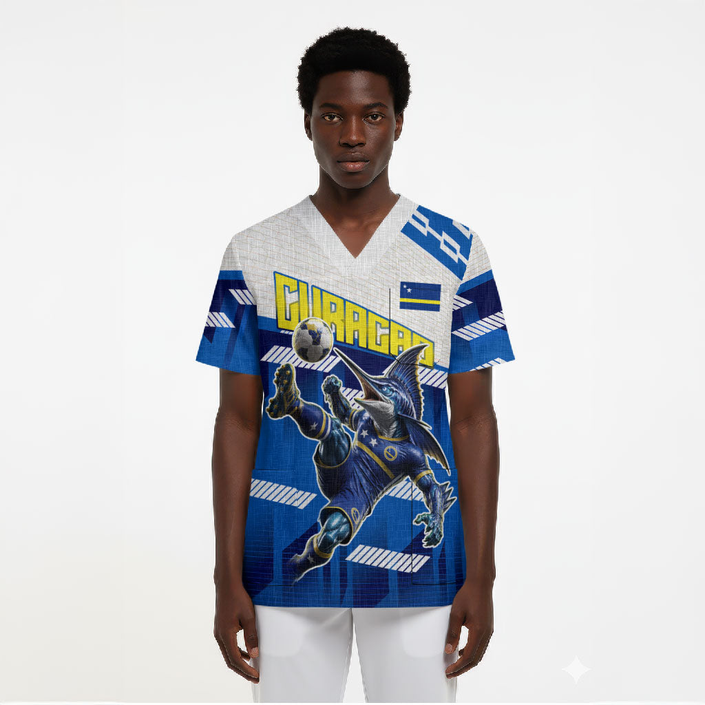 Personalized Curacao Football Scrub Top Marlin Mascot Blue National Flag Accents