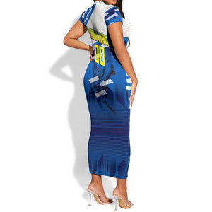Personalized Curacao Football Short Sleeve Bodycon Dress Marlin Mascot Blue National Flag Accents