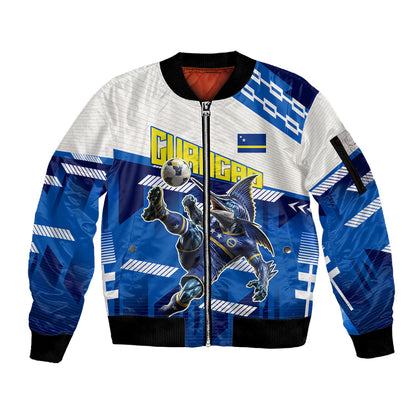 Personalized Curacao Football Sleeve Zip Bomber Jacket Marlin Mascot Blue National Flag Accents