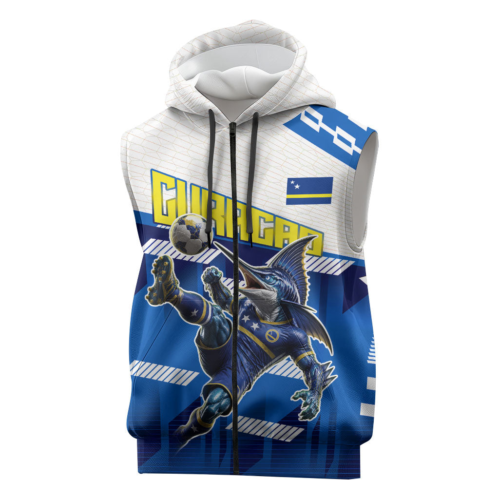 Personalized Curacao Football Sleeveless Zip Hoodie Marlin Mascot Blue National Flag Accents