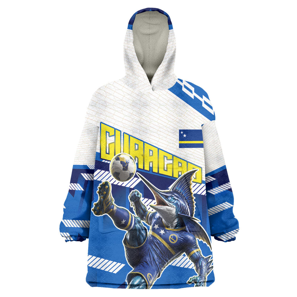Personalized Curacao Football Wearable Blanket Hoodie Marlin Mascot Blue National Flag Accents