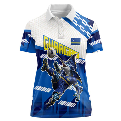 Personalized Curacao Football Women Polo Shirt Marlin Mascot Blue National Flag Accents