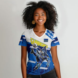Personalized Curacao Football Women V-Neck T-Shirt Marlin Mascot Blue National Flag Accents