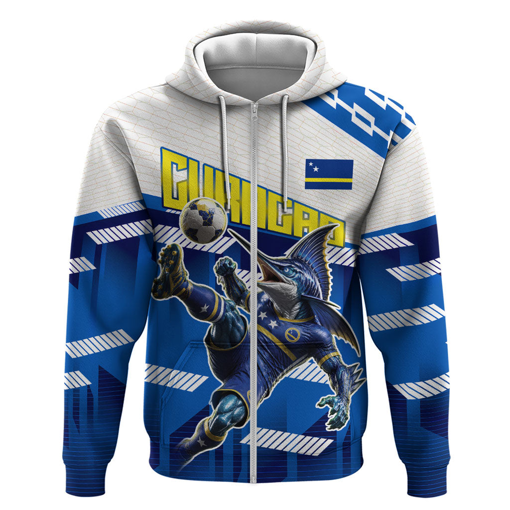 Personalized Curacao Football Zip Hoodie Marlin Mascot Blue National Flag Accents