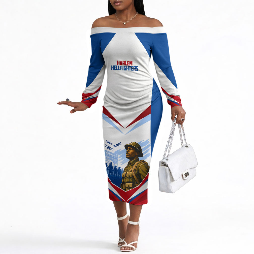 Personalized Harlem Hellfighters Off The Shoulder Long Sleeve Dress Vintage WWI Military History Patriotic Art