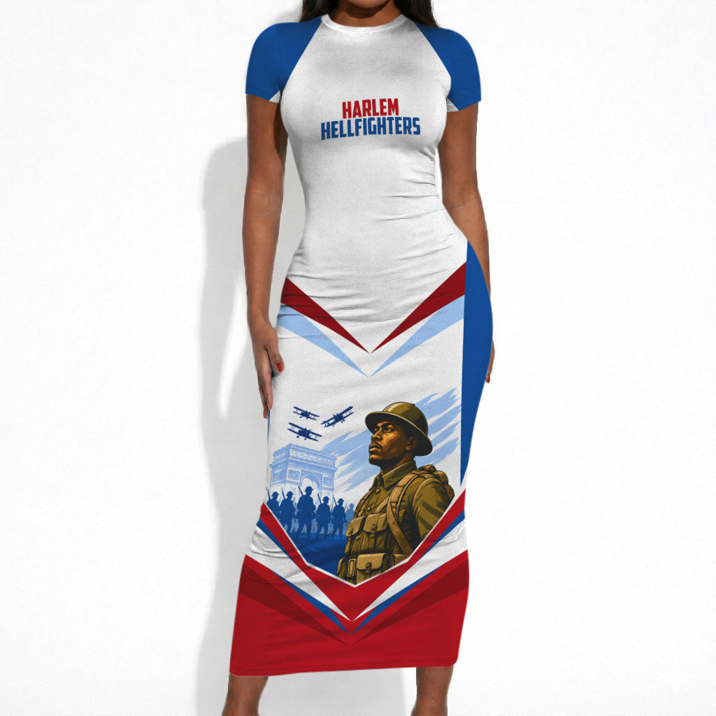 Personalized Harlem Hellfighters Short Sleeve Bodycon Dress Vintage WWI Military History Patriotic Art