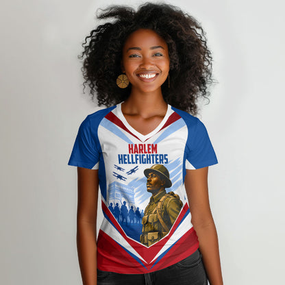 Personalized Harlem Hellfighters Women V-Neck T-Shirt Vintage WWI Military History Patriotic Art