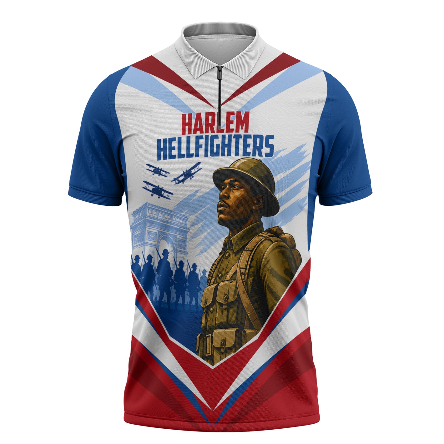 Personalized Harlem Hellfighters Zipper Polo Shirt Vintage WWI Military History Patriotic Art