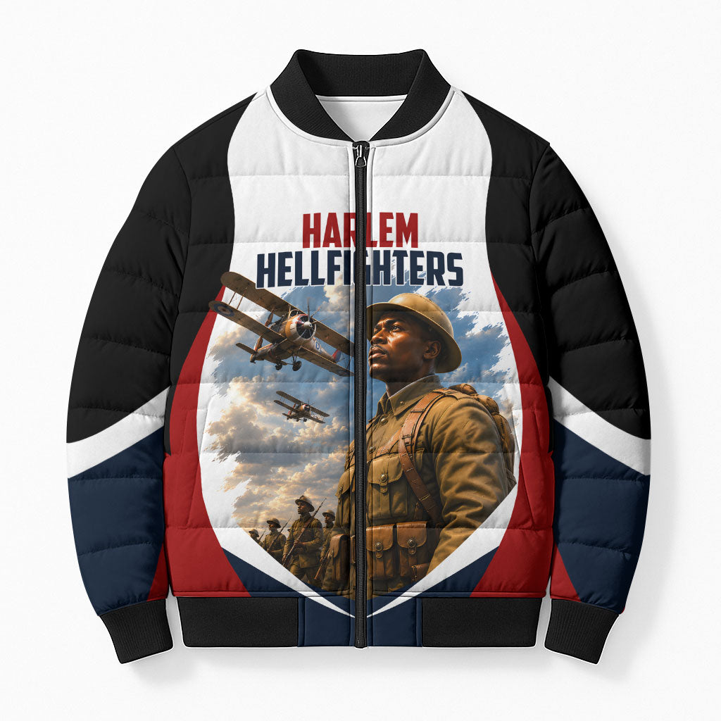 Personalized Harlem Hellfighters Bomber Puffer Jacket WWI African American Soldiers Patriotic Vintage Art