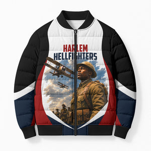 Personalized Harlem Hellfighters Bomber Puffer Jacket WWI African American Soldiers Patriotic Vintage Art