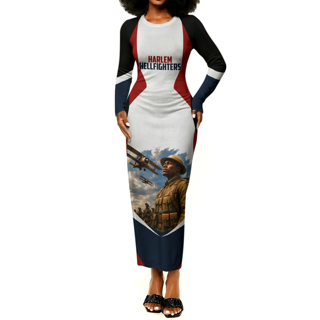 Personalized Harlem Hellfighters Long Sleeve Bodycon Dress WWI African American Soldiers Patriotic Vintage Art