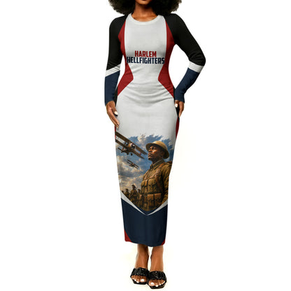 Personalized Harlem Hellfighters Long Sleeve Bodycon Dress WWI African American Soldiers Patriotic Vintage Art