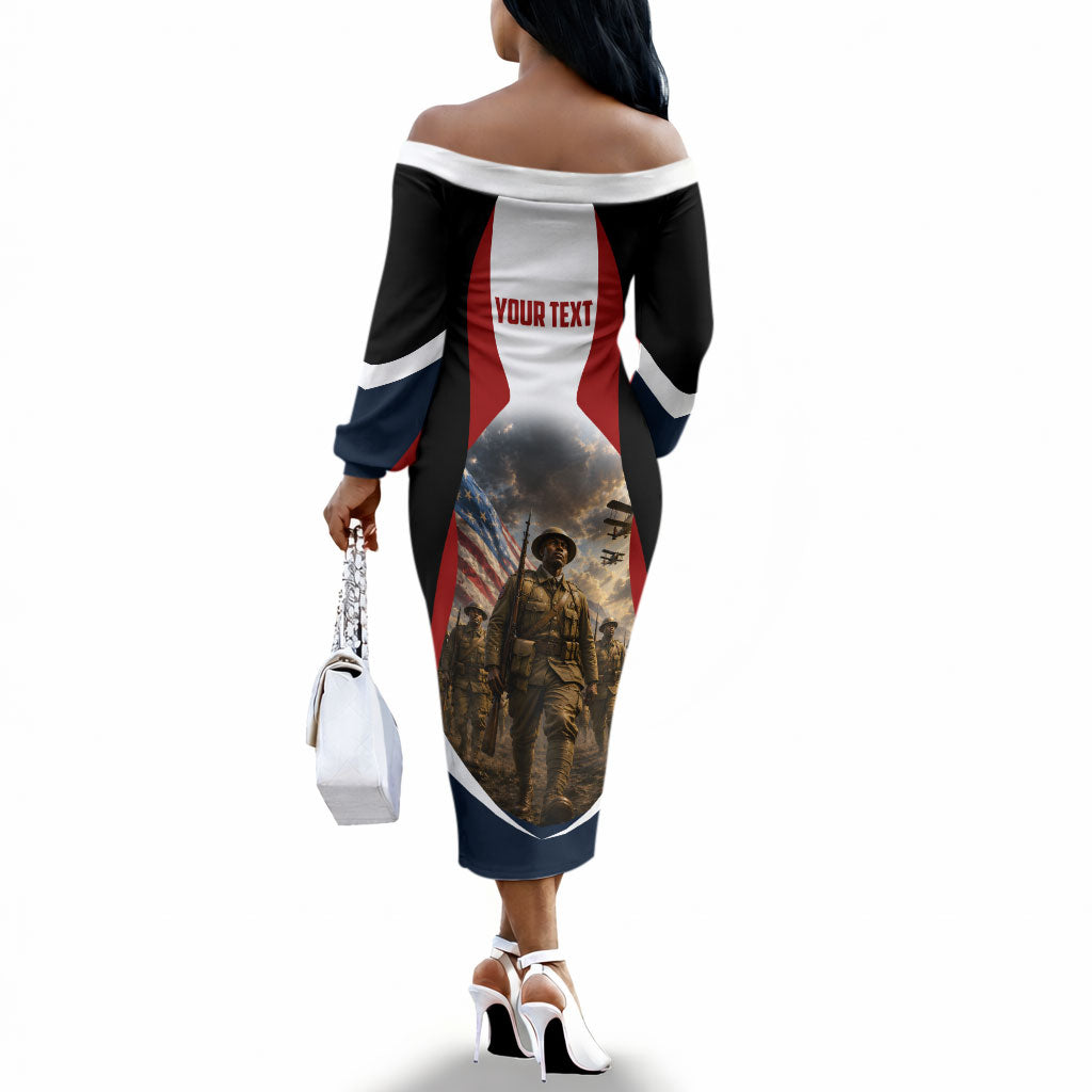 Personalized Harlem Hellfighters Off The Shoulder Long Sleeve Dress WWI African American Soldiers Patriotic Vintage Art